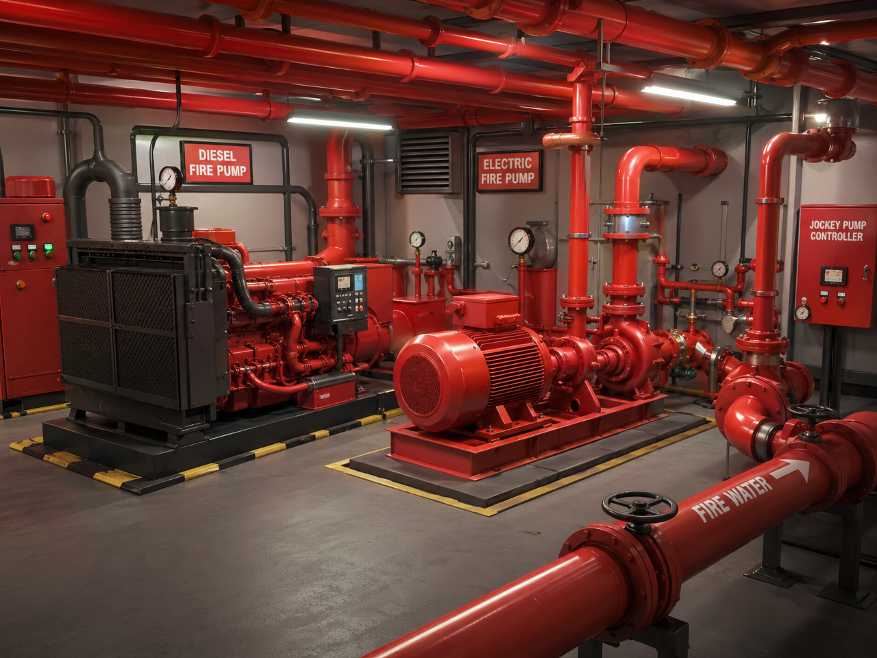 NFPA 20 uyumlu yangın pompa odası — sprinkler tesisatı kurulumu
